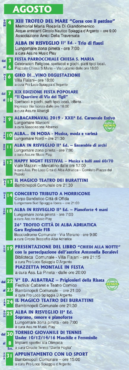 Eventi pubblici estate: Agosto 2019